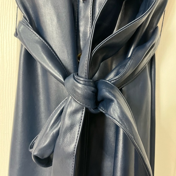 Ann Taylor Navy Faux-Leather Button-Front Midi Dress with Tie Waist - Picture 6 of 8